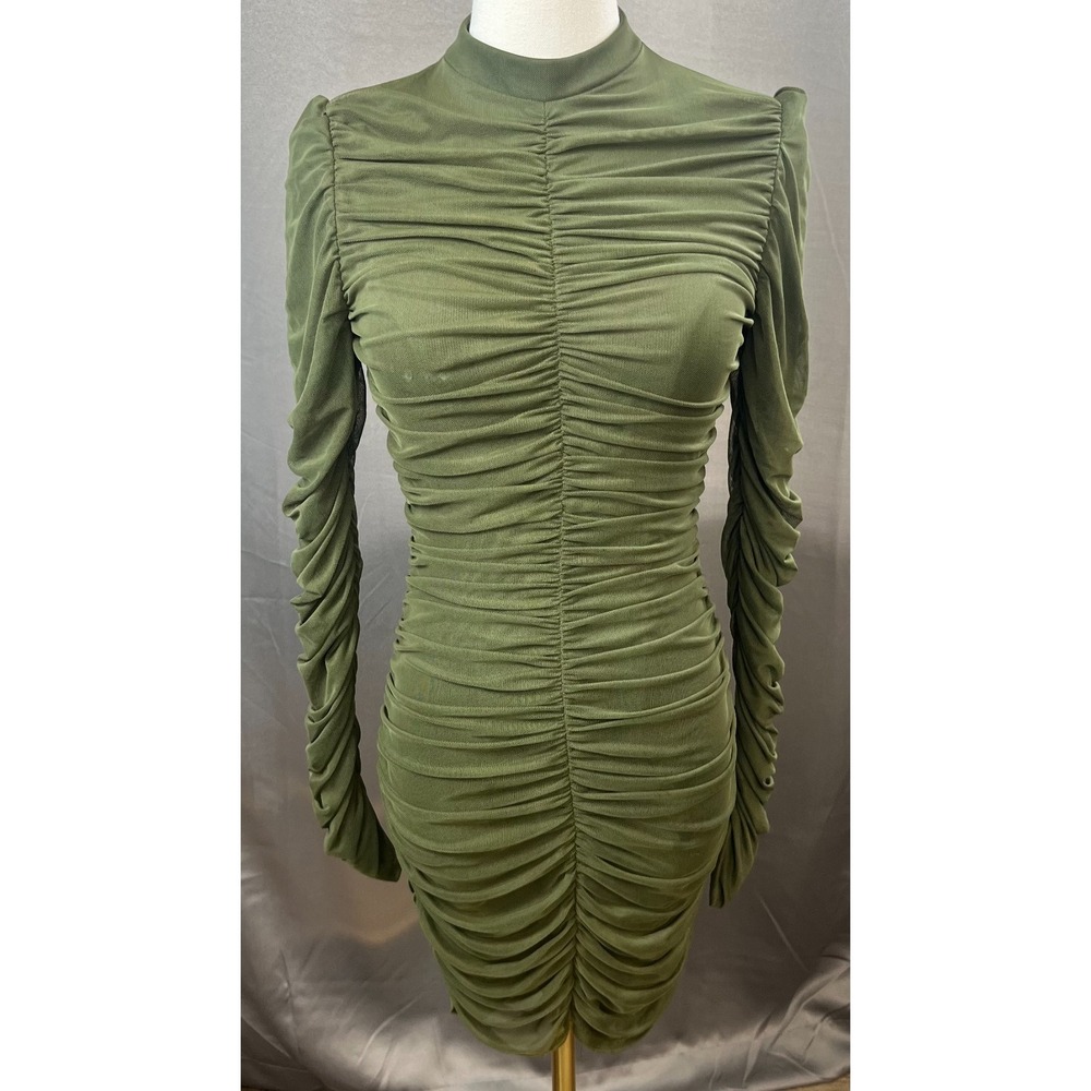 Ruched Long Sleeve Forest Green Bodycon High Neck Dress SZ Medium